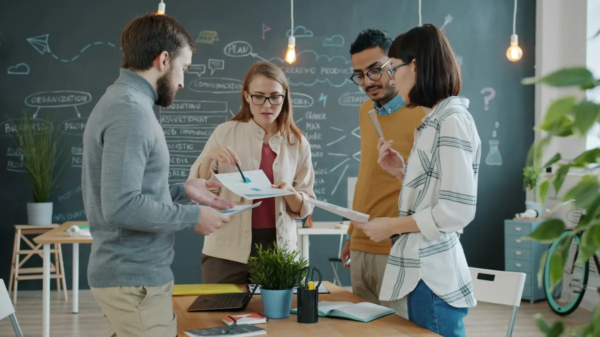 Team planning a product roadmap at a whiteboard